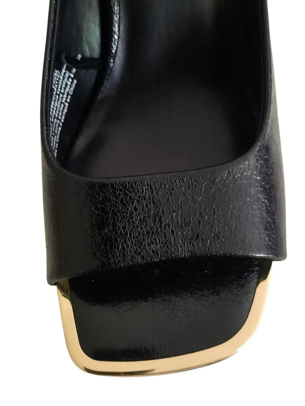 New DKNY Arleen Black Vegan Leather Open-Toe High Heel Mules w/Gold Trim Sz 10M